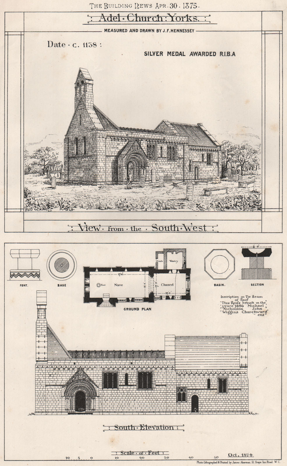 Adel Church, Yorkshire; Silver Medal. Yorkshire 1875 old antique print picture